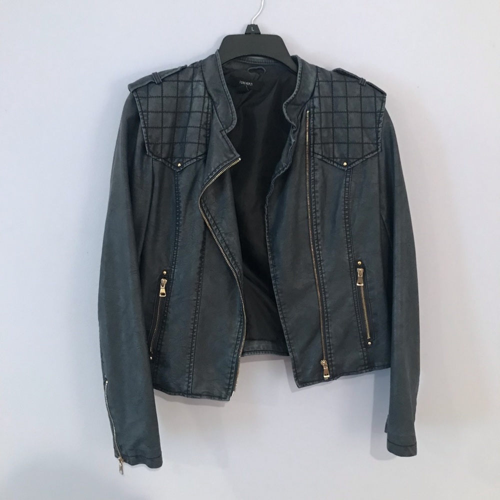 Blue Grey Faux Leather Jacket